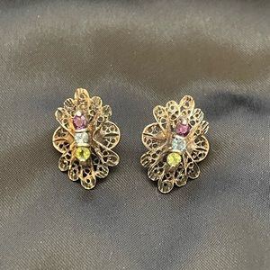 Vintage Sterling Silver Filigree Earrings Peridot, Blue Topaz And Amethyst